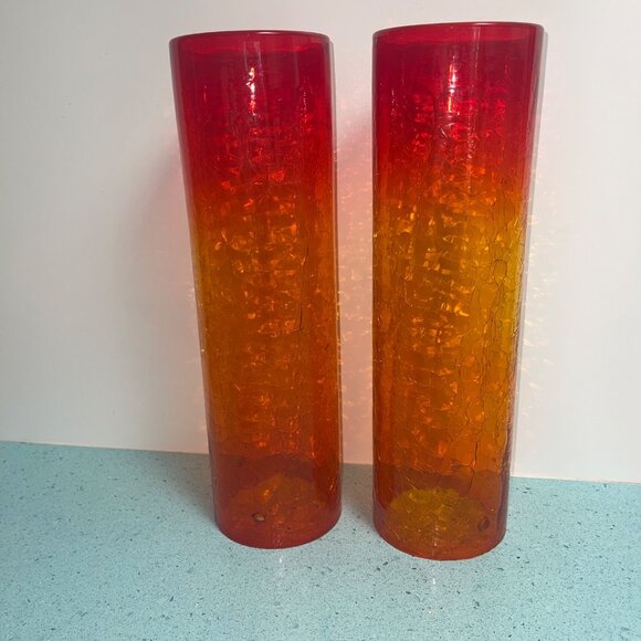 Blenko Amberina Crackle Glass Hurricane Shades Set of 2 Flaws Read - Picture 3 of 12